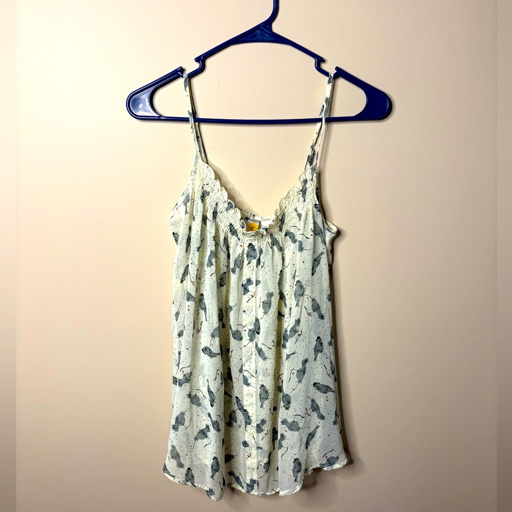 Mimi Chica Sheer Light Cream Top‎ With Grey Birds Medium.